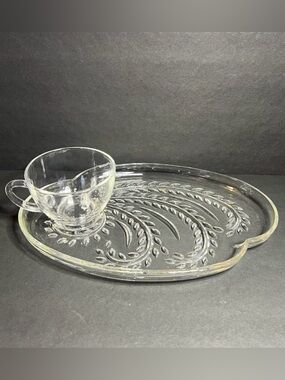 Vintage Federal Cut Glass Textured Wheat Pattern Serving Snack Plate & Tea Cup